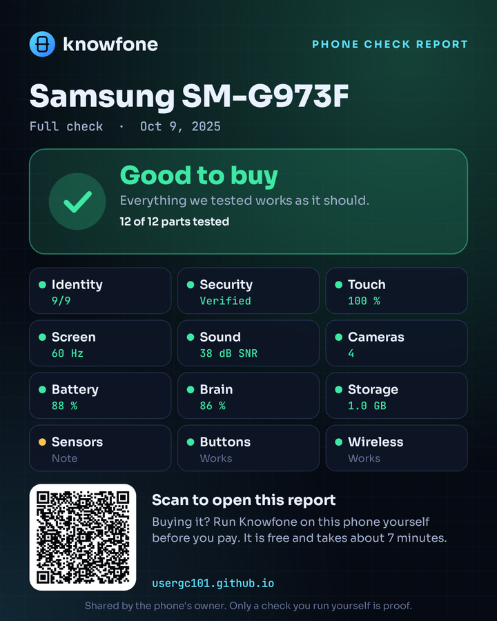 A Knowfone seller certificate: the phone's name, the answer Good to buy, all twelve parts and a QR code